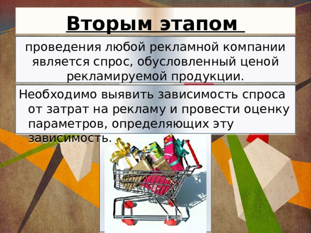 Вторым этапом проведения любой рекламной компании является спрос, обусловленный ценой рекламируемой продукции. Необходимо выявить зависимость спроса от затрат на рекламу и провести оценку параметров, определяющих эту зависимость. 