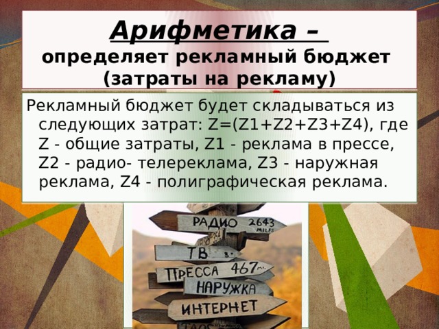 Арифметика –  определяет рекламный бюджет  (затраты на рекламу) Рекламный бюджет будет складываться из следующих затрат: Z=(Z1+Z2+Z3+Z4), где Z - общие затраты, Z1 - реклама в прессе, Z2 - радио- телереклама, Z3 - наружная реклама, Z4 - полиграфическая реклама. 
