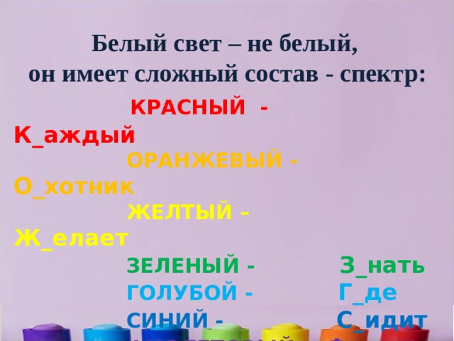 Белый свет – не белый,  он имеет сложный состав - спектр:  КРАСНЫЙ - К_аждый  ОРАНЖЕВЫЙ - О_хотник  ЖЕЛТЫЙ – Ж_елает  ЗЕЛЕНЫЙ - З_нать  ГОЛУБОЙ - Г_де  СИНИЙ - С_идит  ФИОЛЕТОВЫЙ - Ф_азан 