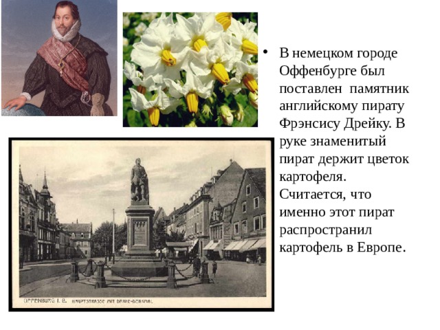 В немецком городе Оффенбурге был поставлен памятник английскому пирату Фрэнсису Дрейку. В руке знаменитый пират держит цветок картофеля. Считается, что именно этот пират распространил картофель в Европе .