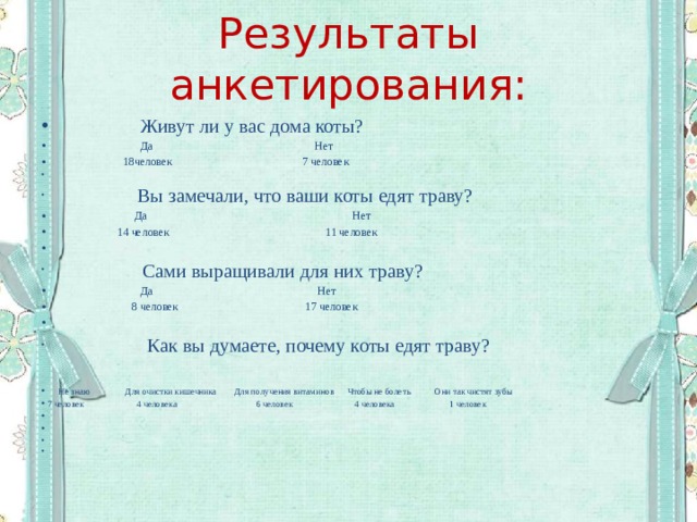 Результаты анкетирования: №  Живут ли у вас дома коты?  Да Нет  18человек 7 человек      Вы замечали, что ваши коты едят траву?  Да Нет  14 человек 11 человек      Сами выращивали для них траву?  Да Нет  8 человек 17 человек      Как вы думаете, почему коты едят траву?  Не знаю Для очистки кишечника Для получения витаминов Чтобы не болеть Они так чистят зубы 7 человек 4 человека 6 человек 4 человека 1 человек   