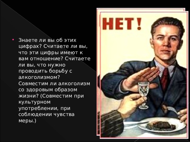 Знаете ли вы об этих цифрах? Считаете ли вы, что эти цифры имеют к вам отношение? Считаете ли вы, что нужно проводить борьбу с алкоголизмом? Совместим ли алкоголизм со здоровым образом жизни? (Совместим при культурном употреблении, при соблюдении чувства меры.) 