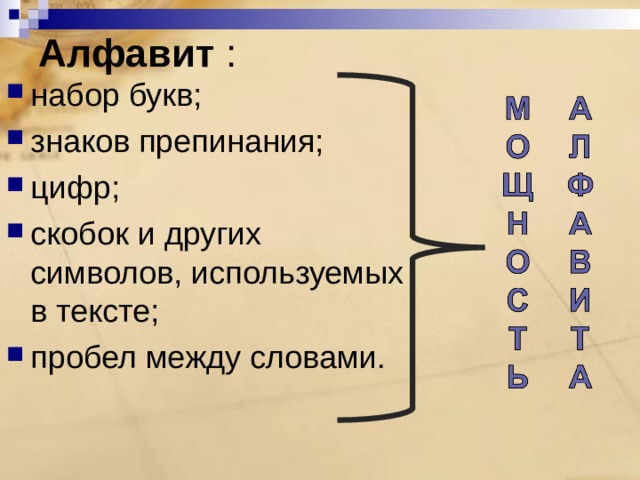 Алфавит : набор букв; знаков препинания; цифр; скобок и других символов, используемых в тексте; пробел между словами.  