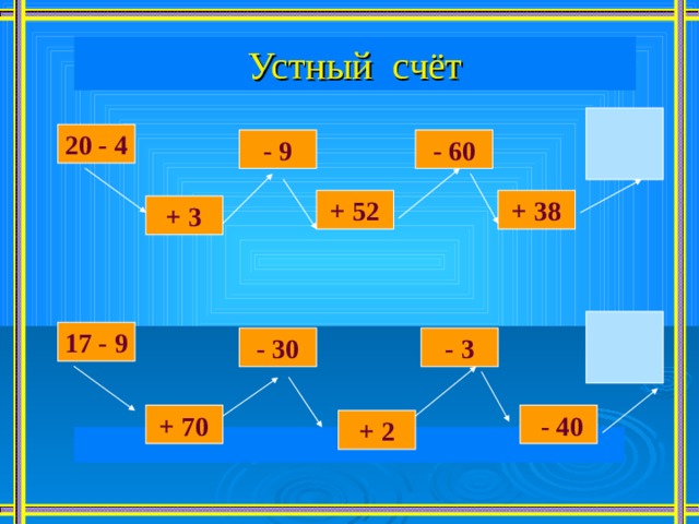 Устный счёт  20 - 4 - 60 - 9 + 38 + 52 + 3  17 - 9 - 3 - 30 + 70  - 40 + 2 