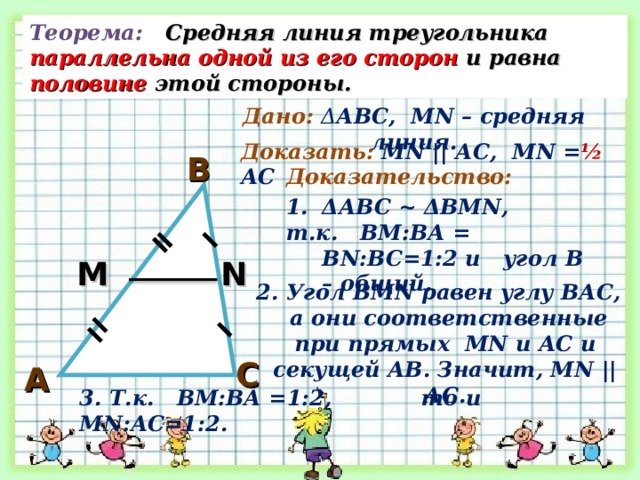 Теорема: Средняя линия треугольника параллельна одной из его сторон и равна половине этой стороны. Дано: Δ АВС, М N – средняя линия. Доказать: М N || АС, М N = ½  АС В Доказательство: Δ АВС ~ Δ ВМ N , т.к. ВМ:ВА = В N :ВС=1:2 и угол В – общий. М N 2. Угол ВМ N равен углу ВАС,  а они соответственные при прямых М N и АС и секущей АВ. Значит, М N || АС. С А 3. Т.к. ВМ:ВА =1:2, то и М N :АС=1:2. 2 