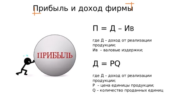 Прибыль и доход фирмы П = Д – И В где Д – доход от реализации продукции; Ив – валовые издержки; Д = РQ где Д – доход от реализации продукции; Р – цена единицы продукции; Q – количество проданных единиц 