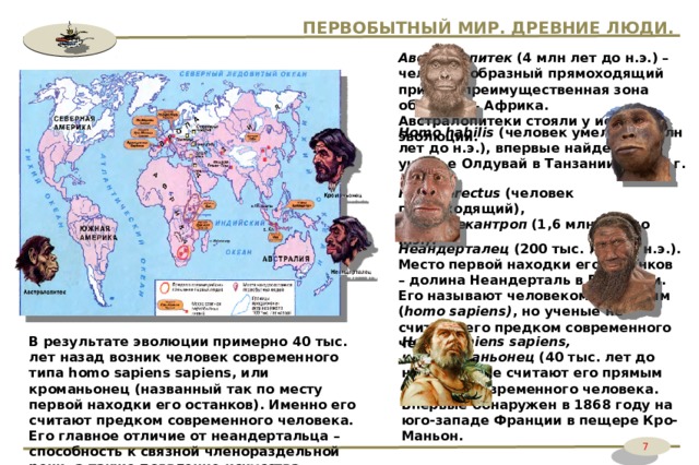 ПЕРВОБЫТНЫЙ МИР. ДРЕВНИЕ ЛЮДИ. Австралопитек  (4 млн лет до н.э.) – человекообразный прямоходящий примат, преимущественная зона обитания – Африка. Австралопитеки стояли у истоков эволюции. Homo habilis  (человек умелый, 2 млн лет до н.э.), впервые найден в ущелье Олдувай в Танзании в 1964 г.  Homo erectus  (человек прямоходящий), или  питекантроп  (1,6 млн лет до н.э.). Неандерталец  (200 тыс. лет до н.э.). Место первой находки его останков – долина Неандерталь в Германии. Его называют человеком разумным ( homo sapiens) , но ученые не считают его предком современного человека. Homo sapiens sapiens, или кроманьонец  (40 тыс. лет до н.э.). Ученые считают его прямым предком современного человека. Впервые обнаружен в 1868 году на юго-западе Франции в пещере Кро-Маньон. В результате эволюции примерно 40 тыс. лет назад возник человек современного типа homo sapiens sapiens, или кроманьонец (названный так по месту первой находки его останков). Именно его считают предком современного человека. Его главное отличие от неандертальца – способность к связной членораздельной речи, а также появление искусства. 7 