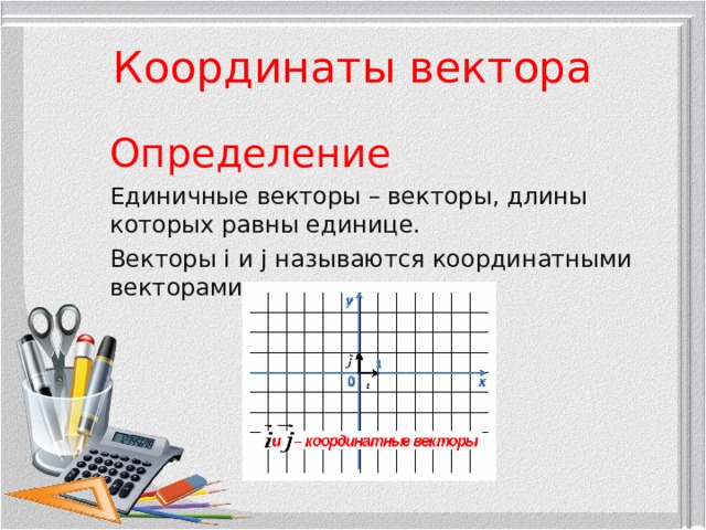 Координаты вектора Определение Единичные векторы – векторы, длины которых равны единице. Векторы i и j называются координатными векторами. 