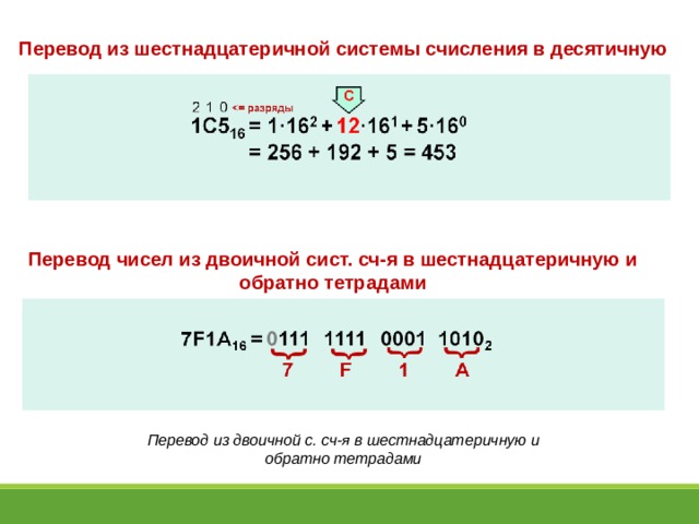 Перевод из шестнадцатеричной системы счисления в десятичную Перевод чисел из двоичной сист. сч-я в шестнадцатеричную и обратно тетрадами Перевод из двоичной с. сч-я в шестнадцатеричную и обратно тетрадами 
