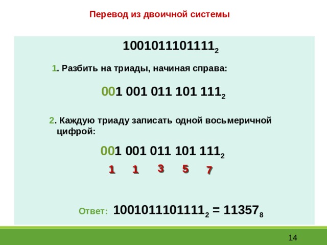 Перевод из двоичной системы 1001011101111 2 1 . Разбить на триады, начиная справа: 00 1 001 011 101 111 2 2 . Каждую триаду записать одной восьмеричной  цифрой: 00 1 001 011 101 111 2 3 5 1 1 7 Ответ: 1001011101111 2 = 11357 8   