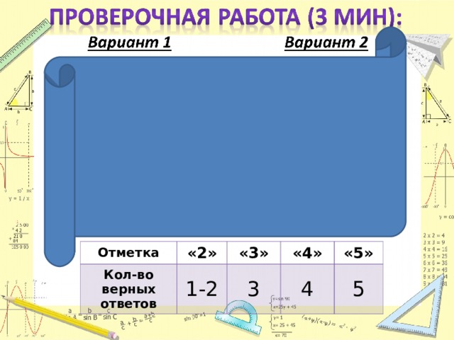 Отметка Кол-во верных ответов «2» «3» 1-2 «4» 3 «5» 4 5