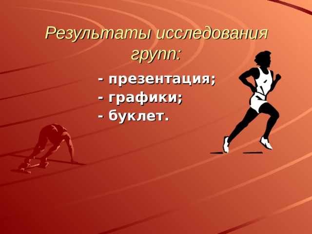 Результаты исследования групп:   - презентация; - графики; - буклет. 