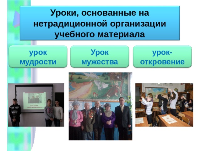 Уроки, основанные на нетрадиционной организации учебного материала урок мудрости Урок мужества урок-откровение 