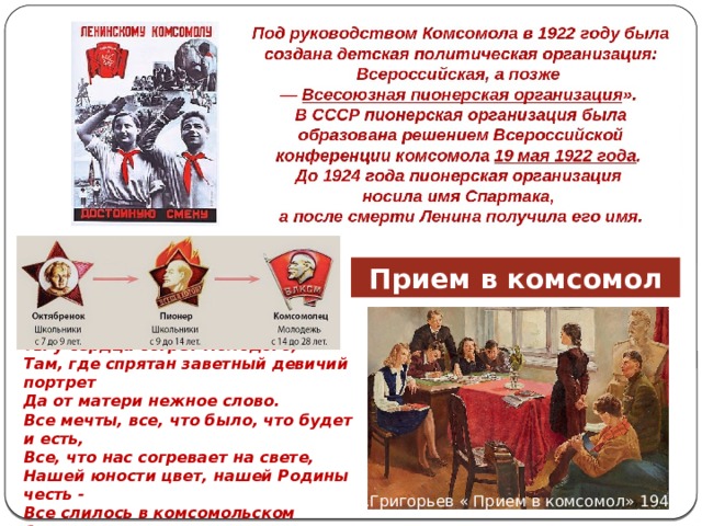 Прием в комсомол  Комсомольский билет, комсомольский билет, Ты у сердца согрет молодого, Там, где спрятан заветный девичий портрет Да от матери нежное слово. Все мечты, все, что было, что будет и есть, Все, что нас согревает на свете, Нашей юности цвет, нашей Родины честь - Все слилось в комсомольском билете. Лебедев- Кумач «Комсомольский билет» 1940 г С.Григорьев « Прием в комсомол» 1949 г  