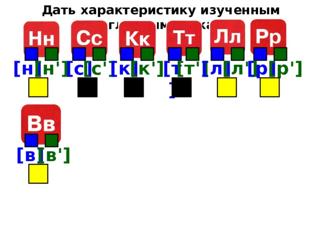 Дать характеристику изученным согласным звукам. [л'] [р] [т'] [т] [к'] [к] [с'] [с] [н] [н'] [р'] [л] [в] [в'] 