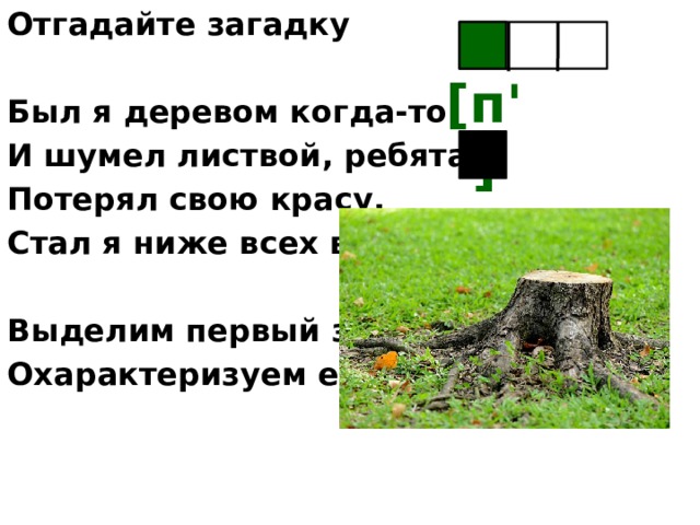 Отгадайте загадку  Был я деревом когда-то И шумел листвой, ребята, Потерял свою красу, Стал я ниже всех в лесу.  Выделим первый звук. Охарактеризуем его.  [п'] 
