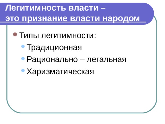 Легитимность власти –  это признание власти народом Типы легитимности: Традиционная Рационально – легальная Харизматическая Традиционная Рационально – легальная Харизматическая 