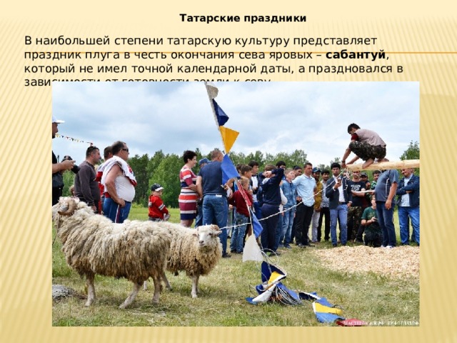 Татарские праздники В наибольшей степени татарскую культуру представляет праздник плуга в честь окончания сева яровых –  сабантуй , который не имел точной календарной даты, а праздновался в зависимости от готовности земли к севу. 