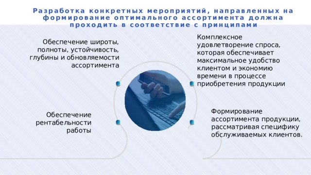Разработка конкретных мероприятий, направленных на формирование оптимального ассортимента должна проходить в соответствие с принципами Комплексное удовлетворение спроса, которая обеспечивает максимальное удобство клиентом и экономию времени в процессе приобретения продукции Обеспечение широты, полноты, устойчивость, глубины и обновляемости ассортимента Формирование ассортимента продукции, рассматривая специфику обслуживаемых клиентов. Обеспечение рентабельности работы 