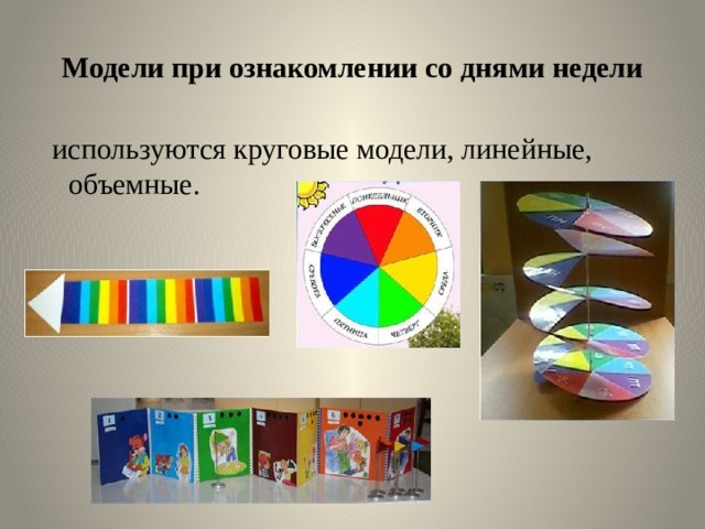 Модели при ознакомлении со днями недели   используются круговые модели, линейные, объемные. 