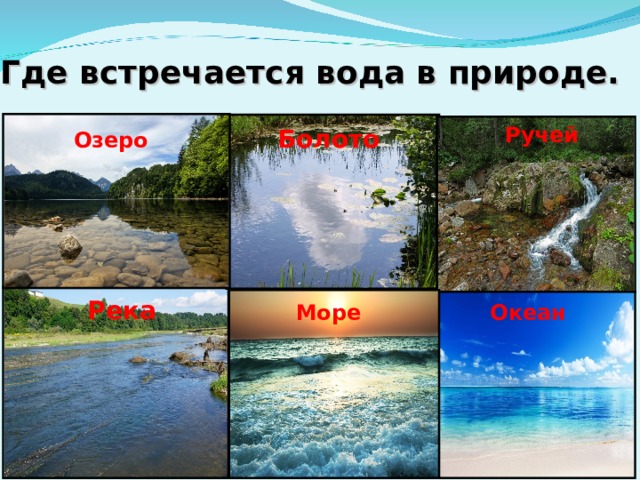 Где встречается вода в природе. Ручей Болото Озеро Река Океан Море 