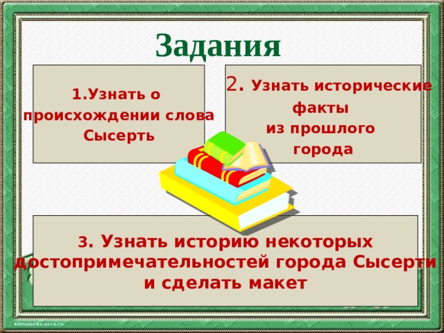 Задания  1.Узнать о  2 . Узнать исторические происхождении слова факты Сысерть из прошлого города 3 . Узнать историю некоторых  достопримечательностей города Сысерти и сделать макет 