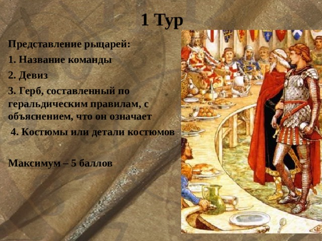1 Тур Представление рыцарей: 1. Название команды 2. Девиз 3. Герб, составленный по геральдическим правилам, с объяснением, что он означает   4. Костюмы или детали костюмов  Максимум – 5 баллов 