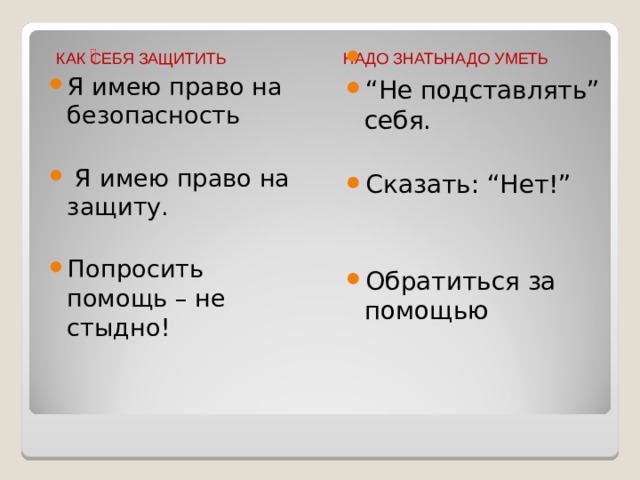 “ Не подставлять” себя.  Сказать: “Нет!”   Обратиться за помощью Я имею право на безопасность   Я имею право на защиту.  Попросить помощь – не стыдно! КАК СЕБЯ ЗАЩИТИТЬ НАДО ЗНАТЬНАДО УМЕТЬ 