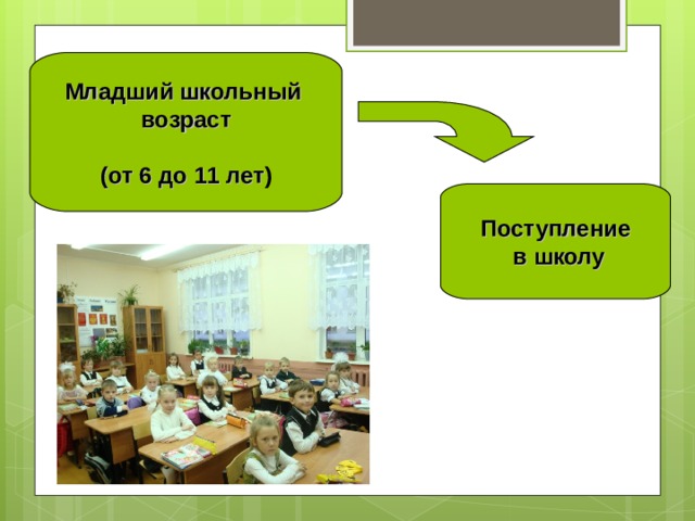  Младший школьный возраст  (от 6 до 11 лет )  Поступление  в школу 