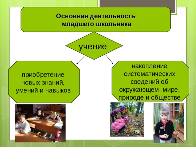 Основная деятельность  младшего школьника учение приобретение новых знаний, умений и навыков  накопление систематических сведений об окружающем мире, природе и обществе 