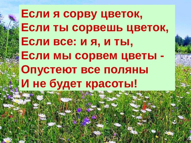 Если я сорву цветок, Если ты сорвешь цветок, Если все: и я, и ты, Если мы сорвем цветы - Опустеют все поляны И не будет красоты! 