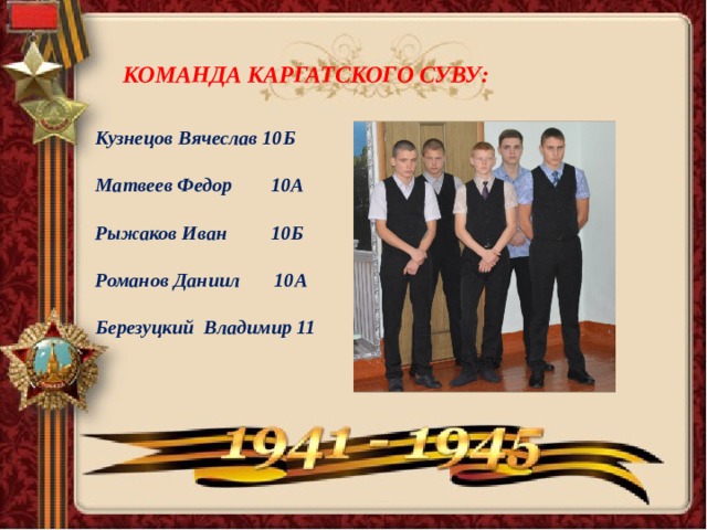 КОМАНДА КАРГАТСКОГО СУВУ: Кузнецов Вячеслав 10Б  Матвеев Федор 10А  Рыжаков Иван 10Б  Романов Даниил 10А  Березуцкий Владимир 11  