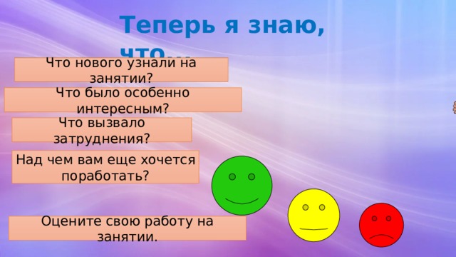 Теперь я знаю, что... Что нового узнали на занятии? Что было особенно интересным? Что вызвало затруднения? Над чем вам еще хочется поработать? Оцените свою работу на занятии. 