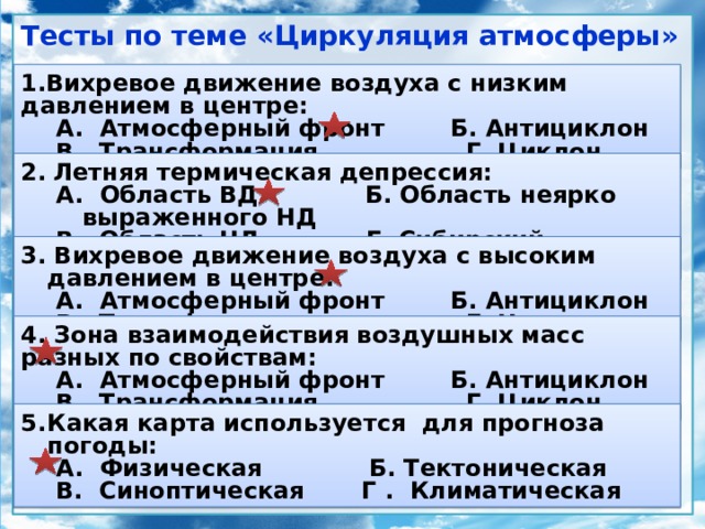 Тесты по теме «Циркуляция атмосферы» 1.Вихревое движение воздуха с низким давлением в центре: А. Атмосферный фронт Б. Антициклон В. Трансформация Г. Циклон 2.  Летняя термическая депрессия: А. Область ВД Б. Область неярко выраженного НД В. Область НД Г. Сибирский антициклон 3. Вихревое движение воздуха с высоким давлением в центре: А. Атмосферный фронт Б. Антициклон В. Трансформация Г. Циклон 4. Зона взаимодействия воздушных масс разных по свойствам: А. Атмосферный фронт Б. Антициклон В. Трансформация Г. Циклон Какая карта используется для прогноза погоды: А. Физическая Б. Тектоническая В. Синоптическая Г . Климатическая 