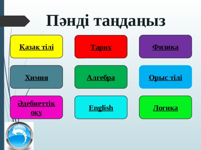 Пәнді таңдаңыз Қазақ тілі Физика Тарих Химия Алгебра Орыс тілі Әдебиеттік оқу Логика English 