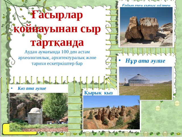 Ғайып ерен қырық шілтен       Ғасырлар қойнауынан сыр тартқанда  Аудан аумағында 100 ден астам археологиялық, архитектуралық және тарихи ескетркіштер бар    Нұр ата әулие Көз ата әулие Қырық қыз     