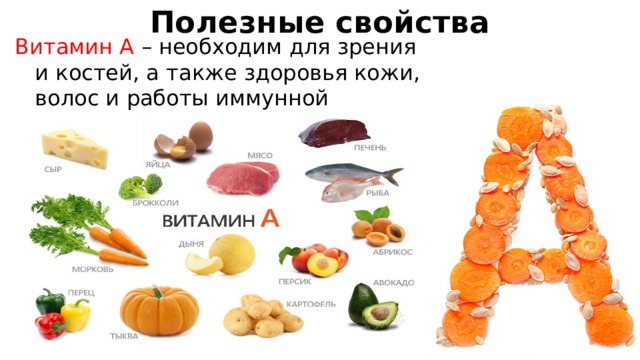 Полезные свойства Витамин A – необходим для зрения и костей, а также здоровья кожи, волос и работы иммунной системы. 