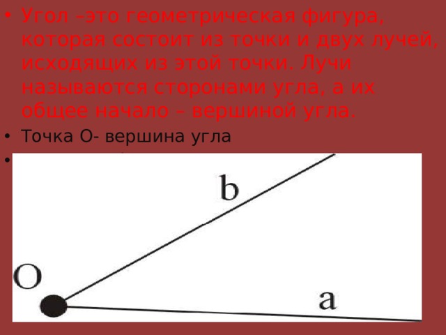 Угол –это геометрическая фигура, которая состоит из точки и двух лучей, исходящих из этой точки. Лучи называются сторонами угла, а их общее начало – вершиной угла. Точка О- вершина угла  а и b – стороны угла 