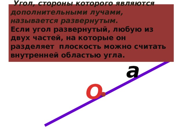    Угол, стороны которого являются дополнительными лучами, называется развернутым. Если угол развернутый, любую из двух частей, на которые он разделяет плоскость можно считать внутренней областью угла.    а О 