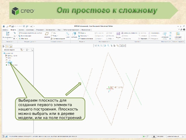 Выбираем плоскость для создания первого элемента нашего построения. Плоскость можно выбрать или в дереве модели, или на поле построений 