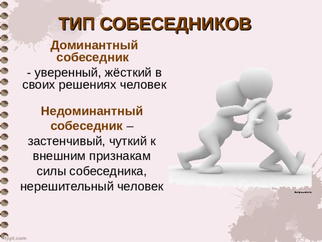 ТИП СОБЕСЕДНИКОВ Доминантный собеседник - уверенный, жёсткий в своих решениях человек Недоминантный собеседник – застенчивый, чуткий к внешним признакам силы собеседника, нерешительный человек 