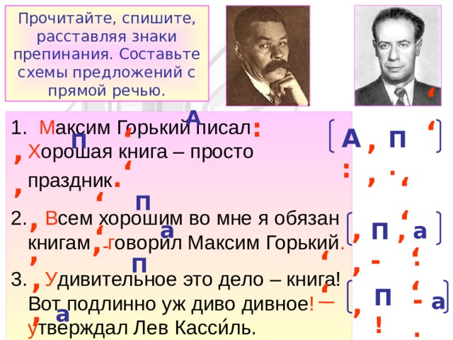 ,, ,, ,, ,, ,, ,, Прочитайте, спишите, расставляя знаки препинания. Составьте схемы предложений с прямой речью. А : 1. М аксим Горький писал Х орошая книга – просто праздник . 2. В сем хорошим во мне я обязан книгам г оворил Максим Горький . 3. У дивительное это дело – книга! Вот подлинно уж диво дивное !  у тверждал Лев Касси ́ ль. А  : ,, П . П ,, П ,, ,, П , - а а . , - П ,, П ! - а . ,, а 