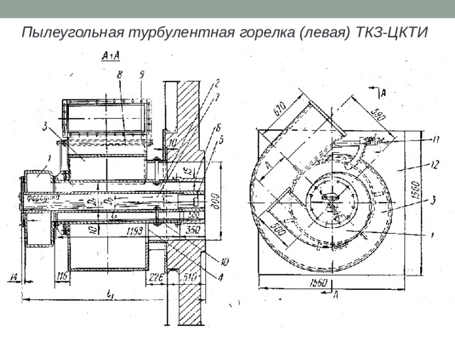 Пылеугольная турбулентная горелка (левая) ТКЗ-ЦКТИ 