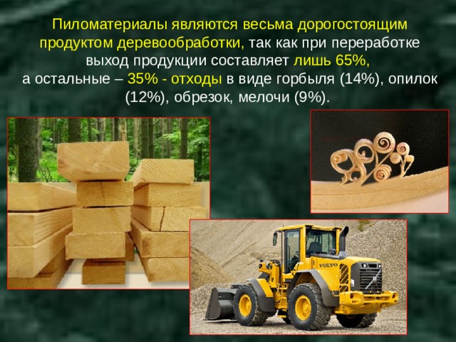 Пиломатериалы являются весьма дорогостоящим продуктом деревообработки, так как при переработке выход продукции составляет лишь 65%, а остальные – 35% - отходы в виде горбыля (14%), опилок (12%), обрезок, мелочи (9%). 