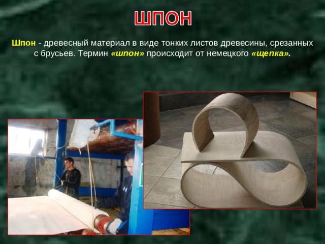Шпон - древесный материал в виде тонких листов древесины, срезанных с брусьев. Термин «шпон» происходит от немецкого «щепка» .   