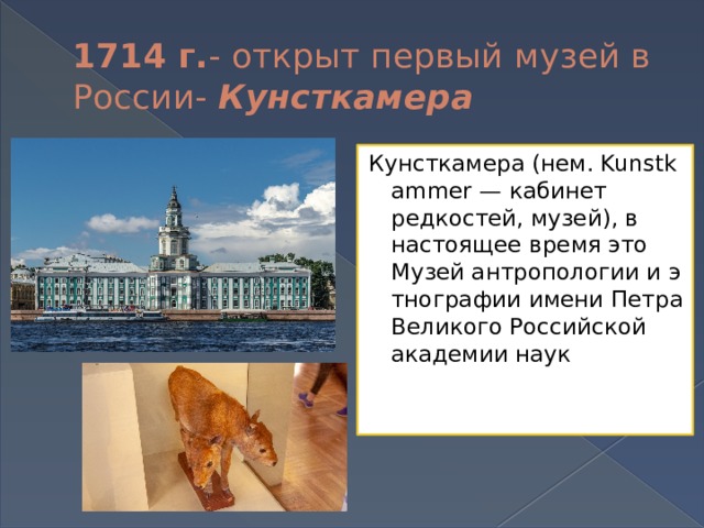 1714 г. - открыт первый музей в России- Кунсткамера Кунсткамера (нем. Kunstkammer — кабинет редкостей, музей), в настоящее время это Музей антропологии и этнографии имени Петра Великого Российской академии наук    