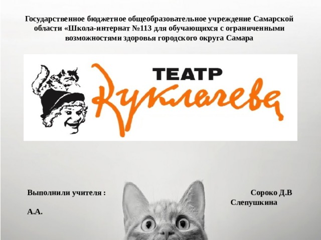 Государственное бюджетное общеобразовательное учреждение Самарской области «Школа-интернат №113 для обучающихся с ограниченными возможностями здоровья городского округа Самара    Выполнили учителя : Сороко Д.В  Слепушкина А.А.  