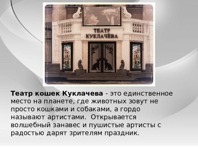 Театр кошек Куклачева  - это единственное место на планете, где животных зовут не просто кошками и собаками, а гордо называют артистами.  Открывается волшебный занавес и пушистые артисты с радостью дарят зрителям праздник.   