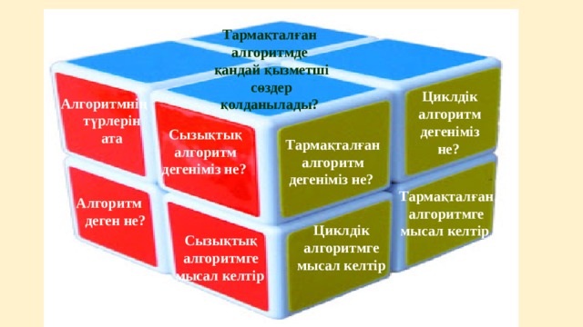 Тармақталған алгоритмде қандай қызметші  сөздер қолданылады?  Циклдік алгоритм дегеніміз  не?  Алгоритмнің түрлері н ата Сызықтық алгоритм дегеніміз не?  Тармақталған алгоритм дегеніміз не?  Тармақталған алгоритмге мысал келтір  Алгоритм деген не? Циклдік алгоритмге мысал келтір  Сызықтық алгоритмге мысал келтір  