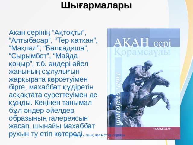Шығармалары   Ақан серінің “Ақтоқты”, “Алтыбасар”, “Тер қатқан”, “Мақпал”, “Балқадиша”, “Сырымбет”, “Майда қоңыр”, т.б. әндері әйел жанының сұлулығын жарқырата көрсетуімен бірге, махаббат құдіретін асқақтата суреттеуімен де құнды. Кеңінен танымал бұл әндер әйелдер образының галереясын жасап, шынайы махаббат рухын ту етіп көтереді.  Ikaz.kz - ашық мәліметтер порталы 